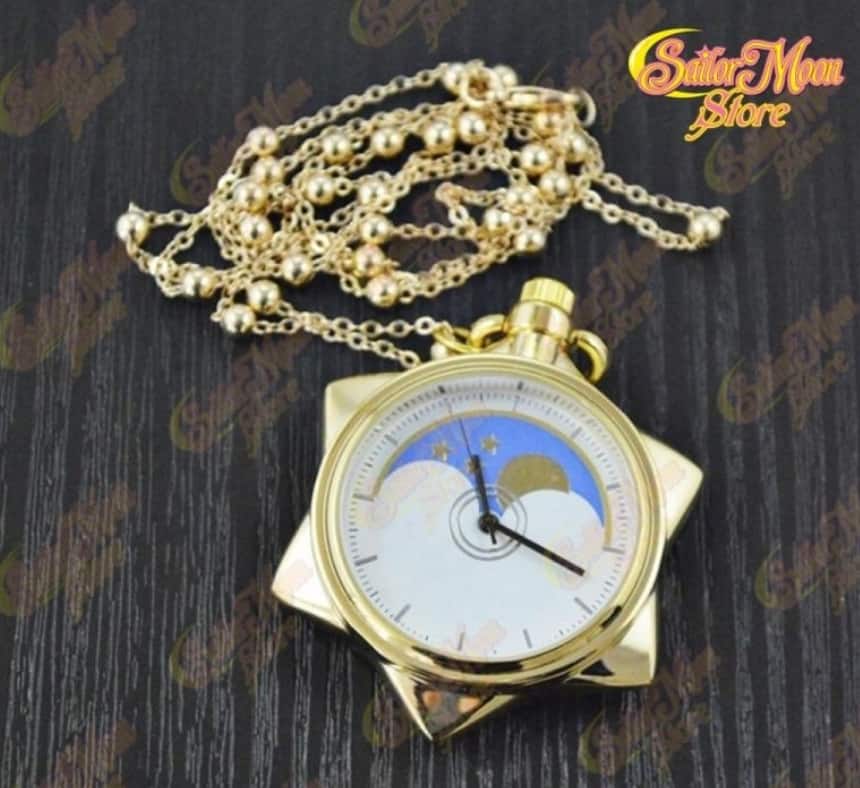 Sailor Moon 20th Anniversary Crystal Star Pocket Gold Pocket Watch Necklace